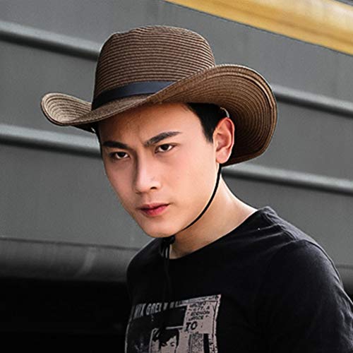 LIOOBO Sombrero de Vaquero Occidental para Hombre Sombrero de Bloqueador Solar de ala Ancha Sombrero de Paja con Correa Al Aire Libre Vaquero (Café)