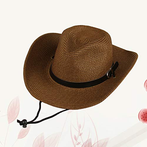 LIOOBO Sombrero de Vaquero Occidental para Hombre Sombrero de Bloqueador Solar de ala Ancha Sombrero de Paja con Correa Al Aire Libre Vaquero (Café)
