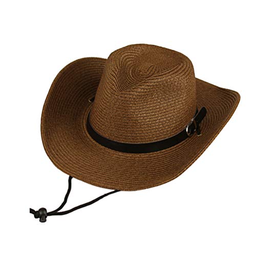 LIOOBO Sombrero de Vaquero Occidental para Hombre Sombrero de Bloqueador Solar de ala Ancha Sombrero de Paja con Correa Al Aire Libre Vaquero (Café)