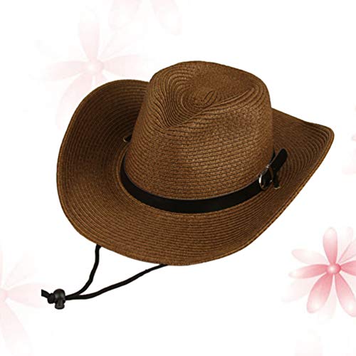 LIOOBO Sombrero de Vaquero Occidental para Hombre Sombrero de Bloqueador Solar de ala Ancha Sombrero de Paja con Correa Al Aire Libre Vaquero (Café)