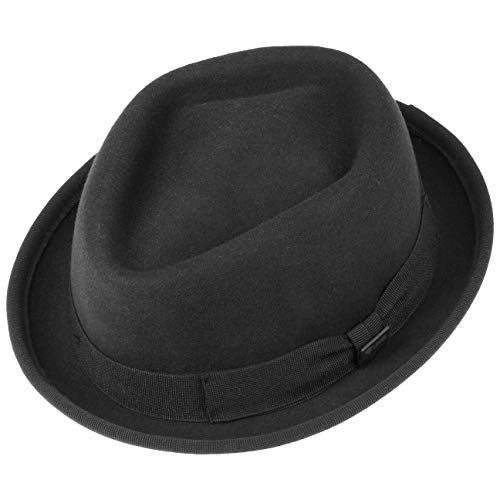 Lipodo Gratus Pork Pie Sombrero de Fieltro Mujer/Hombre - Fabricado en Italia - Fedora Verano/Invierno - Porkpie con Cinta - Sombrero de Lana Negro L (58-59 cm)