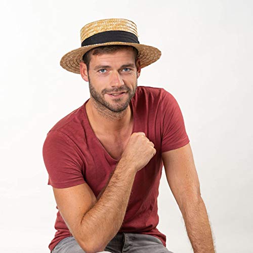 Lipodo Sombrero de Paja Canotier Mujer/Hombre - Made in Italy Verano Marinero Sombreros con Banda Grosgrain Primavera/Verano - 59 cm Natural