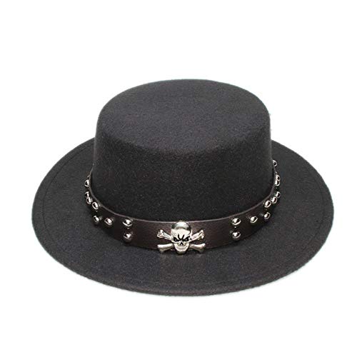 liqun Banda De Cuero con Calavera Retro para Padres E Hijos Unisex/Niño Lana ala Ancha Fedora Pork Pie Pork-Pie Sombrero Bowler Tapa Superior Redonda   (57 Cm / 54 Cm), Negro, Tamaño Adulto 57 Cm