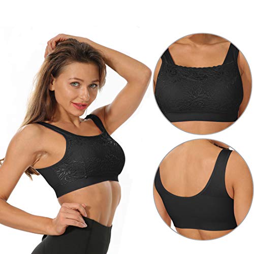 Litthing 1/2/3 Piezas Sujetadore Deportivo Encaje Sexy Transpirable Confort Yoga Deportes de Yoga para Mujeres（Negro, L