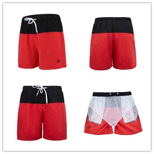 LK LEKUNI Bañador Hombre Pantalones de Playa con Forro con Cordón Traje de Baño Pantalón Ceñido-Negro rojo-2XL