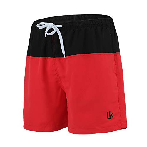 LK LEKUNI Bañador Hombre Pantalones de Playa con Forro con Cordón Traje de Baño Pantalón Ceñido-Negro rojo-2XL