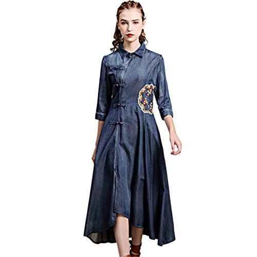 LLYA Mujeres Bordado Vestido Delgado Vestido Cheongsam Hebilla Irregular Vestido de Mezclilla Hidden Pocket Plus Tamaño Largo Vestido Sexy,3XL