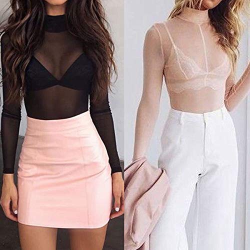 Loalirando Crop Top Sexy Mujer Manga Larga Top Corto Transparente Slim Chic Clubwear Casual Noche Camiseta de Cuello Redondo Alto (Negro, M)