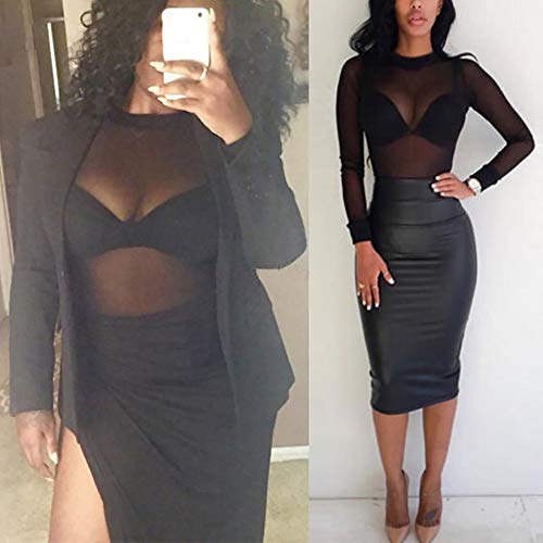 Loalirando Crop Top Sexy Mujer Manga Larga Top Corto Transparente Slim Chic Clubwear Casual Noche Camiseta de Cuello Redondo Alto (Negro, M)