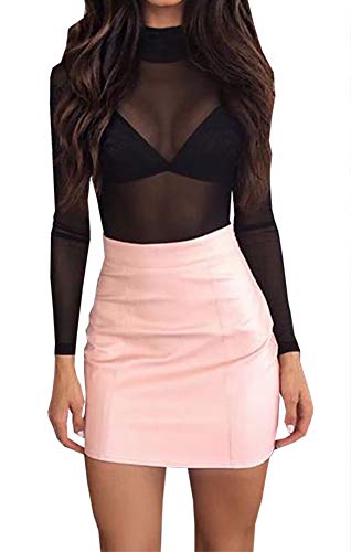 Loalirando Crop Top Sexy Mujer Manga Larga Top Corto Transparente Slim Chic Clubwear Casual Noche Camiseta de Cuello Redondo Alto (Negro, M)