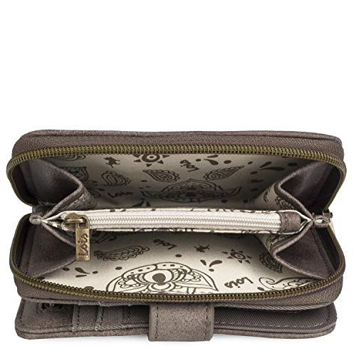 Lois - Cartera Estampada con Bordados para Mujer con Motivos Mandala. Lona y Cuero PU para Uso Diario con Cierre Cremallera y Botón Protección RFID 304414, Color Marron