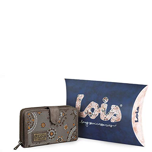 Lois - Cartera Estampada con Bordados para Mujer con Motivos Mandala. Lona y Cuero PU para Uso Diario con Cierre Cremallera y Botón Protección RFID 304414, Color Marron
