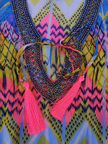 Lola Casademunt Vestido Corto Verano Mujer Kaftan Estampado Semitransparente Cuello V Protector Solar para Cubrir Bikini Moda Hippie Mini Playa (L)