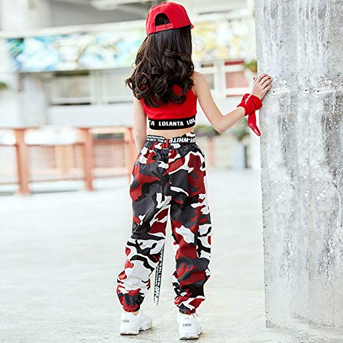 LOLANTA 2 Piezas Niñas Hip Hop Street Dance Solo Ropa Set Crop Tank Top+Camuflaje Jogger Pantalones, Rojo, 140