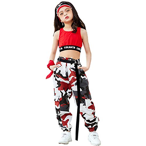LOLANTA 2 Piezas Niñas Hip Hop Street Dance Solo Ropa Set Crop Tank Top+Camuflaje Jogger Pantalones, Rojo, 140