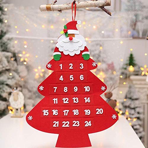 Longsing Calendario de Navidad Adviento, Calendario de Adviento Arbol de Navidad Diseño Navideño Colgante de 24 días de Santa Claus Hogar o la Oficina