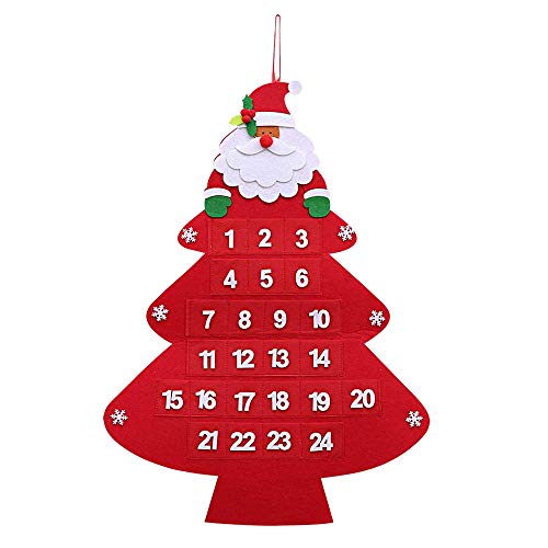Longsing Calendario de Navidad Adviento, Calendario de Adviento Arbol de Navidad Diseño Navideño Colgante de 24 días de Santa Claus Hogar o la Oficina