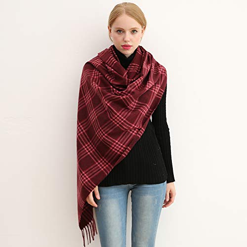 Longwu Bufanda de lana de cachemira suave para mujer Manta y envoltura de pashmina grande Manta de estola cálida Vino rojo