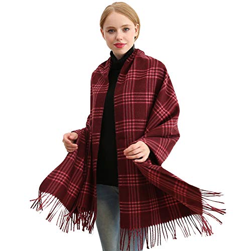 Longwu Bufanda de lana de cachemira suave para mujer Manta y envoltura de pashmina grande Manta de estola cálida Vino rojo