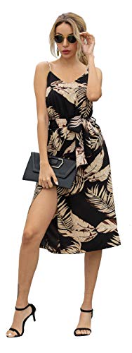 Longwu Correas de Espagueti con Cuello en V Elegantes y Sexy para Mujer Vestido a Media Pierna con Dobladillo Irregular Dividido y cinturón Negro-S