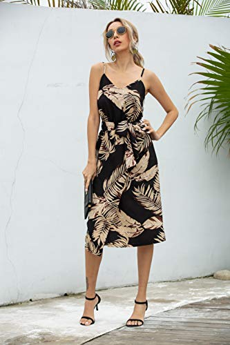 Longwu Correas de Espagueti con Cuello en V Elegantes y Sexy para Mujer Vestido a Media Pierna con Dobladillo Irregular Dividido y cinturón Negro-S