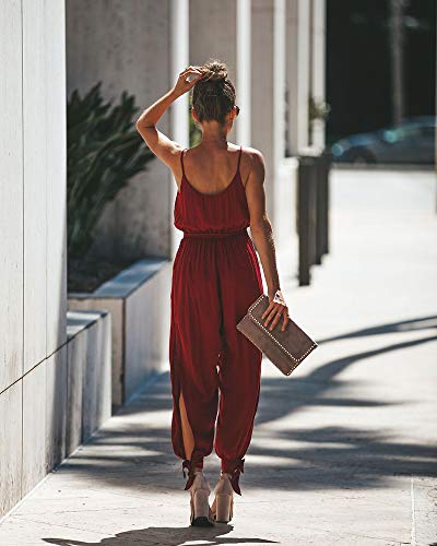 Longwu Mameluco Casual con cordón Lateral para Mujer Mono General Vendaje Mamelucos con Bolsillos Vino Rojo-M