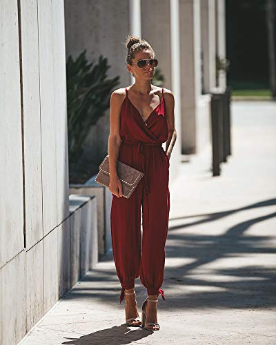 Longwu Mameluco Casual con cordón Lateral para Mujer Mono General Vendaje Mamelucos con Bolsillos Vino Rojo-M