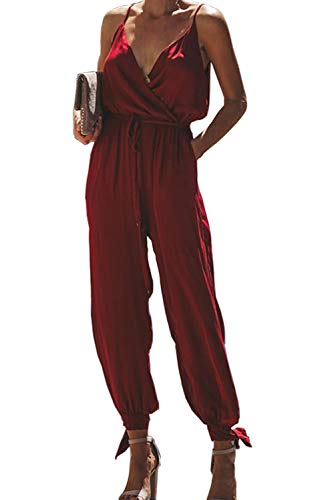 Longwu Mameluco Casual con cordón Lateral para Mujer Mono General Vendaje Mamelucos con Bolsillos Vino Rojo-M