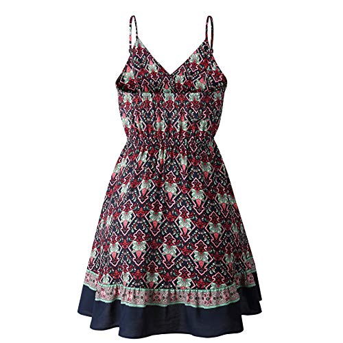 Longwu Mini Vestido de Playa sin Espalda con Cuello en V y Estampado de Flores con Estampado de Flores de Boho para Mujer Azul Oscuro-L