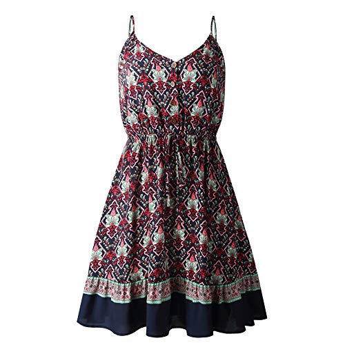 Longwu Mini Vestido de Playa sin Espalda con Cuello en V y Estampado de Flores con Estampado de Flores de Boho para Mujer Azul Oscuro-L