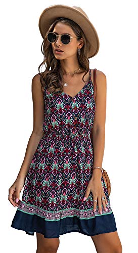 Longwu Mini Vestido de Playa sin Espalda con Cuello en V y Estampado de Flores con Estampado de Flores de Boho para Mujer Azul Oscuro-L