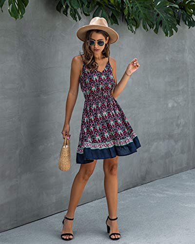Longwu Mini Vestido de Playa sin Espalda con Cuello en V y Estampado de Flores con Estampado de Flores de Boho para Mujer Azul Oscuro-L
