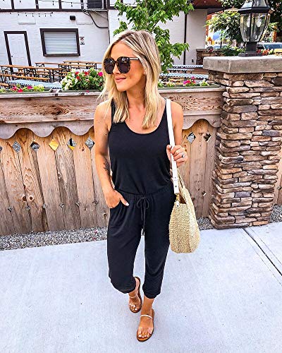 Longwu Mujer Casual Suelto Sin Mangas Mono Cordón de Cintura Mamelucos en General con Bolsillos Negro-L