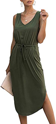 Longwu Mujer Cuello en V sin Mangas sin Mangas con cordón Lateral con Cintura Dividida Vestido de Chaleco a Media Pierna con Bolsillo Verde-M
