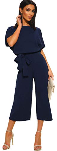 Longwu Mujeres Casual Elegante Cintura Alta Mono de Manga Corta Pantalones de Pierna Ancha Ocasionales Mamelucos Sueltos con cinturón Azul Oscuro-L