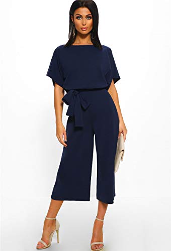 Longwu Mujeres Casual Elegante Cintura Alta Mono de Manga Corta Pantalones de Pierna Ancha Ocasionales Mamelucos Sueltos con cinturón Azul Oscuro-S