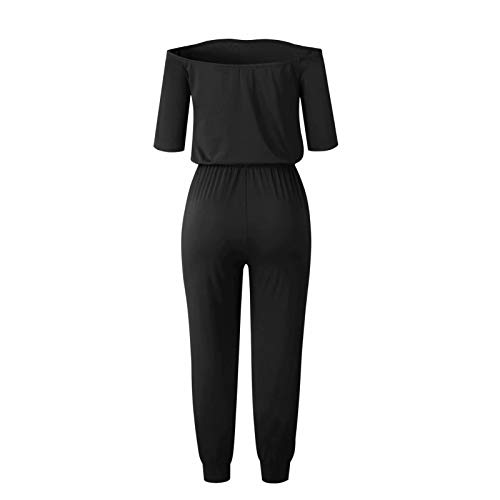 Longwu Mujeres Fuera del Hombro Mono Mameluco de Manga Corta Bodycon en General Trajes con Bolsillos Negro-L