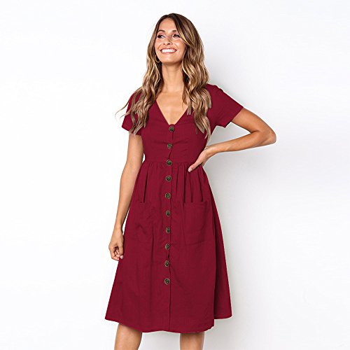 Longwu Vestido a Media Pierna con Cuello en V y Manga Corta Casual con Cuello en V para Mujer y Bolsillos Women Dress Vino Rojo S