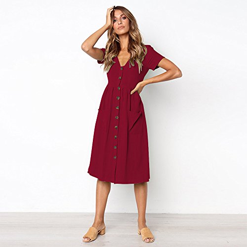 Longwu Vestido a Media Pierna con Cuello en V y Manga Corta Casual con Cuello en V para Mujer y Bolsillos Women Dress Vino Rojo S