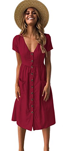 Longwu Vestido a Media Pierna con Cuello en V y Manga Corta Casual con Cuello en V para Mujer y Bolsillos Women Dress Vino Rojo S