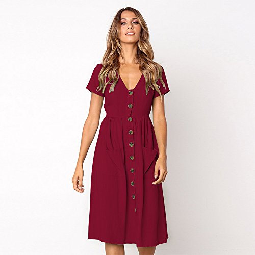 Longwu Vestido a Media Pierna con Cuello en V y Manga Corta Casual con Cuello en V para Mujer y Bolsillos Women Dress Vino Rojo S