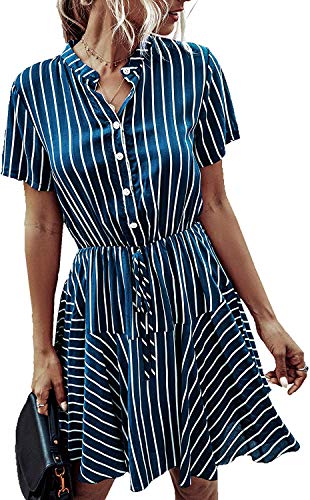 Longwu Vestido Casual Acampanado con Estampado de Cuadros y Cintura elástica de Manga Corta para Mujer con Bolsillo Azul Oscuro-L