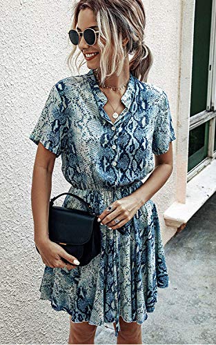 Longwu Vestido Casual Acampanado con Estampado de Cuadros y Cintura elástica de Manga Corta para Mujer con Bolsillo Serpiente Azul-M