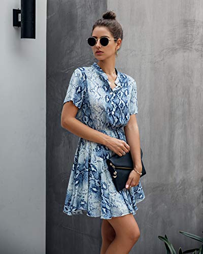 Longwu Vestido Casual Acampanado con Estampado de Cuadros y Cintura elástica de Manga Corta para Mujer con Bolsillo Serpiente Azul-M