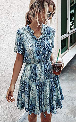 Longwu Vestido Casual Acampanado con Estampado de Cuadros y Cintura elástica de Manga Corta para Mujer con Bolsillo Serpiente Azul-M