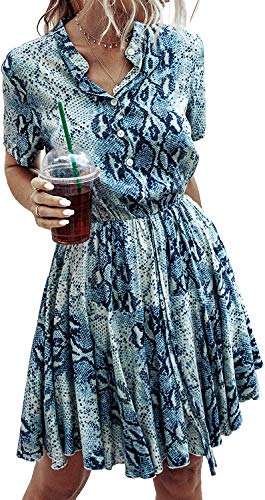 Longwu Vestido Casual Acampanado con Estampado de Cuadros y Cintura elástica de Manga Corta para Mujer con Bolsillo Serpiente Azul-M