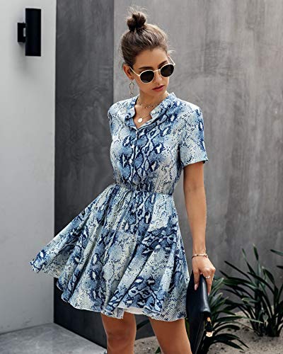 Longwu Vestido Casual Acampanado con Estampado de Cuadros y Cintura elástica de Manga Corta para Mujer con Bolsillo Serpiente Azul-M