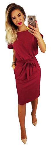 Longwu Vestido de Manga Corta Elegante de Las Mujeres para Trabajar el Vestido Ocasional del lápiz con la Correa Vino Rojo-L