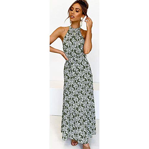 Longwu Vestido Largo Estampado Floral sin Mangas con Cuello Halter sin Mangas para Mujer Vestido Largo Plisado con cinturón Verde-S