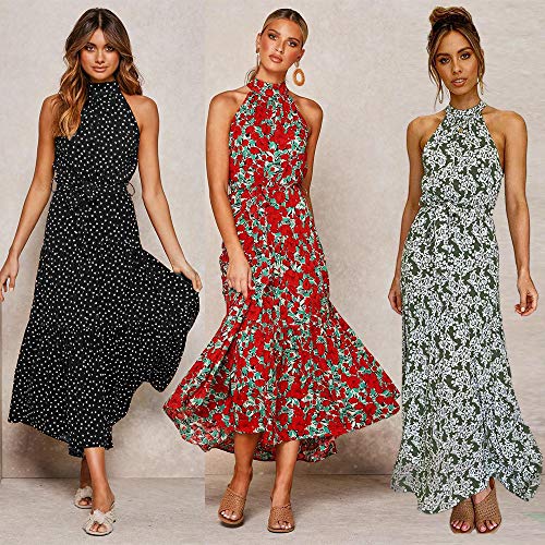 Longwu Vestido Largo Estampado Floral sin Mangas con Cuello Halter sin Mangas para Mujer Vestido Largo Plisado con cinturón Verde-S